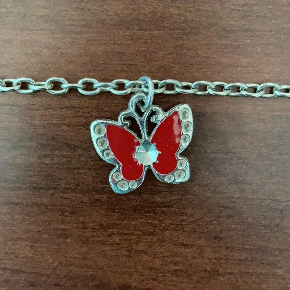 Silver and Red Butterfly Necklace
